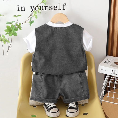 Boys Black Denim Sleeveless Vest & Shorts With Printed T-Shirt Sets Sets