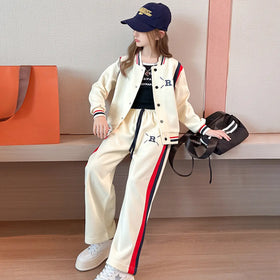 Girls Cream R Letter Printed Varsity Jacket With Pants Co-ord Sets Sets