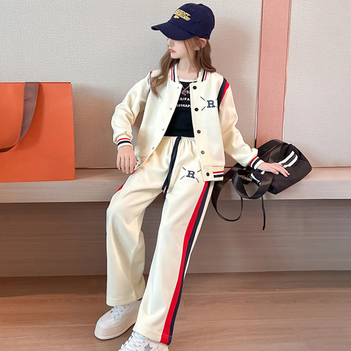 Girls Cream R Letter Printed Varsity Jacket With Pants Co-ord Sets Sets