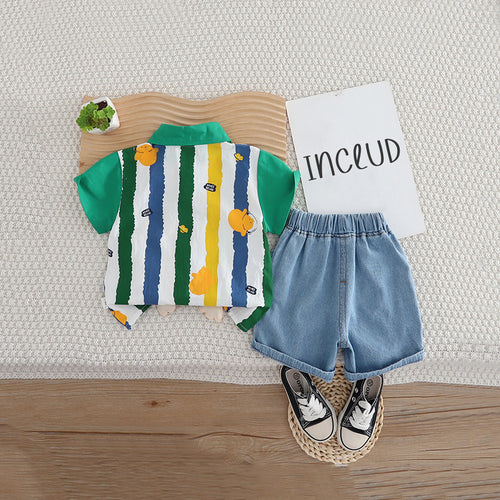 Boys Green Stripe Printed Short Sleeves Shirt With Denim Shorts Set 2 pc. Sets