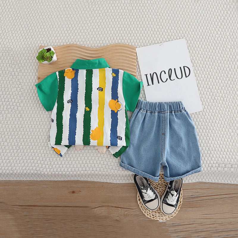 Boys Green Stripe Printed Short Sleeves Shirt With Denim Shorts Set 2 pc. Sets