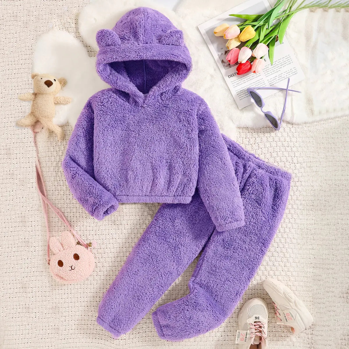 Girls Purple Polar Fleece Hooded Sweatshirt & Jogger Co-ord Sets Sets Purple 3-4 Y