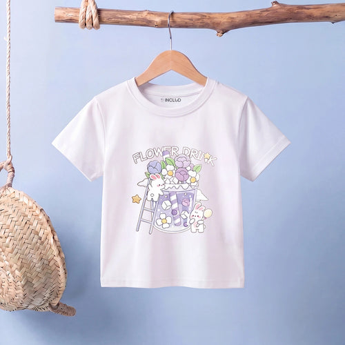 Girls White Short Sleeve Floral Print T-Shirt Tshirts White 1-2 Y