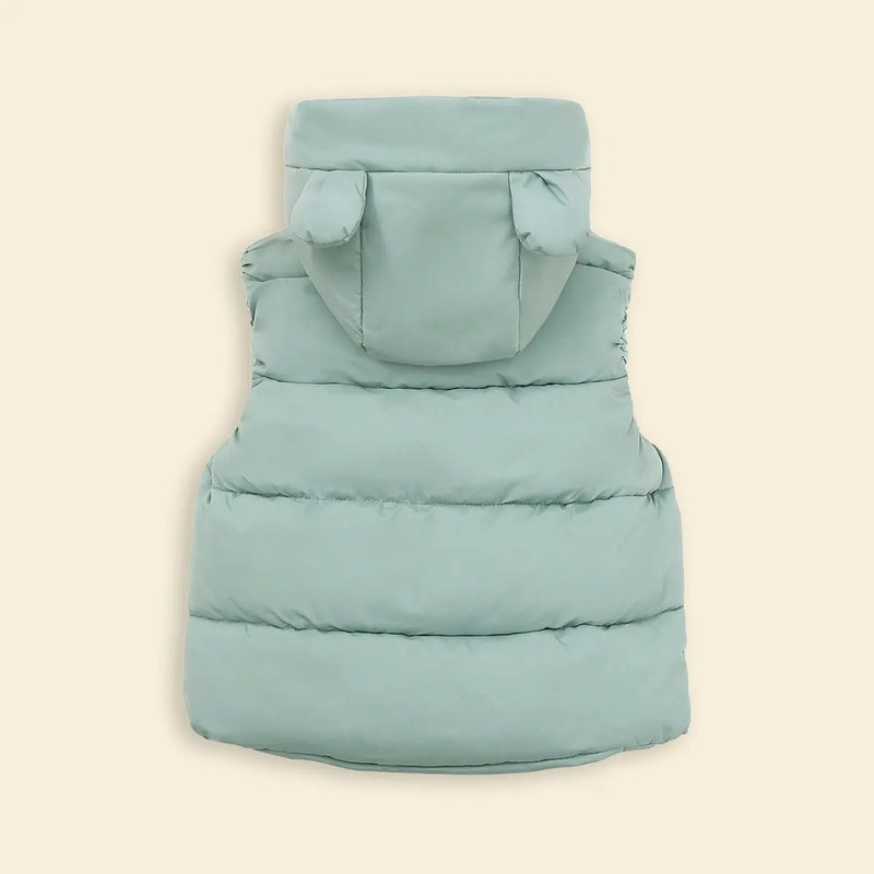 Girls Light Green Sleeveless Bear Ear On Hood Quilted Zip-up Jacket Coats & Jackets