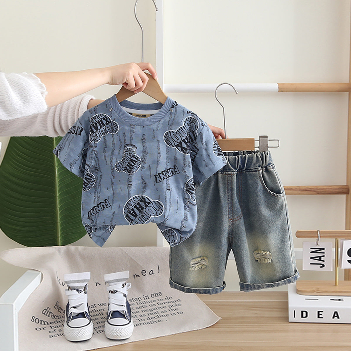 Boys Blue Graphic Printed Short Sleeves T-Shirt With Shorts Set 2 pc. Sets Blue 1-2 Y