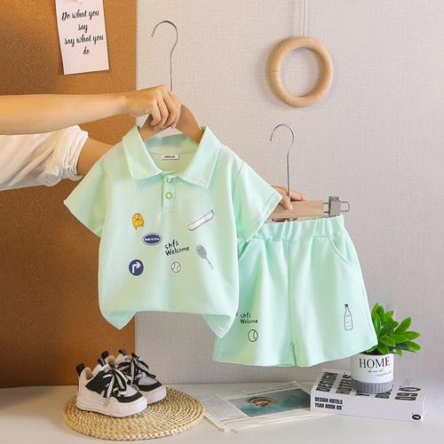 Boys Lime Green Graphics Printed Polo T-Shirt With Shorts Co-ord Sets Sets Lime Green 1-2 Y