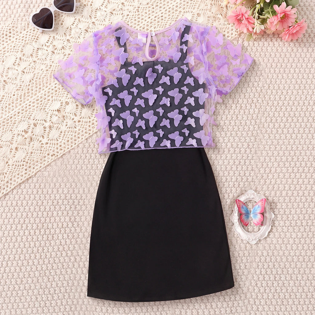Girls Black Butterfly Print Sleeveless Dress With Cami Top Casual Dresses
