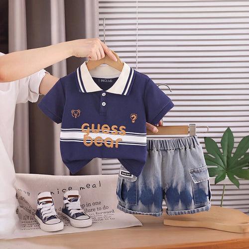 Boys Navy Blue Typography Print Polo T-Shirt With Denim Shorts Sets 2 pc. Sets Navy Blue 1-2 Y