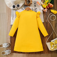 Girls Yellow Floral Printed Long Sleeves A-line Dress With Bow Detail Casual Dresses