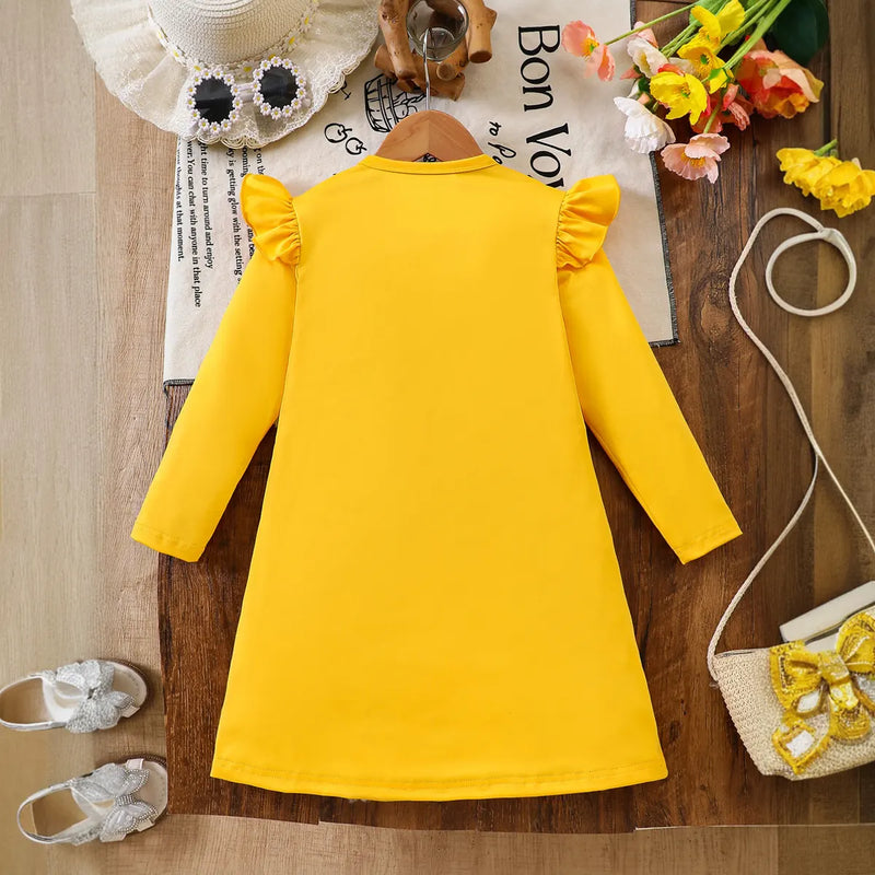 Girls Yellow Floral Printed Long Sleeves A-line Dress With Bow Detail Casual Dresses