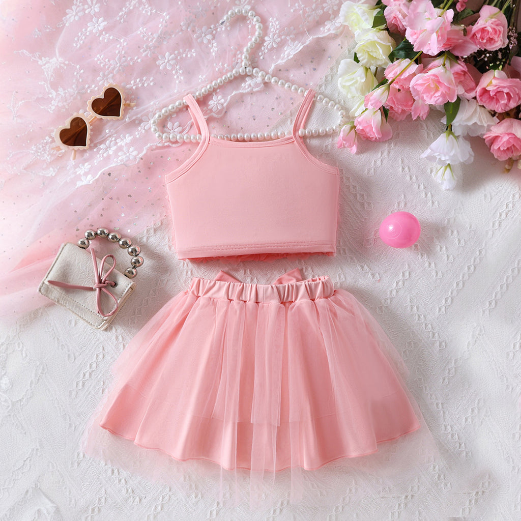 Girls Pink Rose Applique Sleeveless Top With Elasticated Skirt Sets 2 pc. Sets