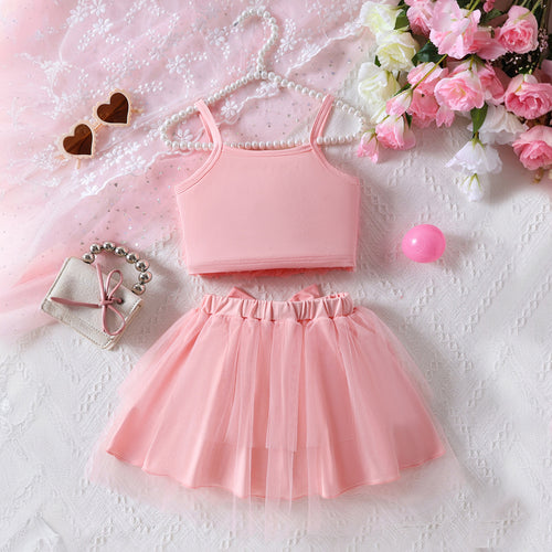 Girls Pink Rose Applique Sleeveless Top With Elasticated Skirt Sets 2 pc. Sets