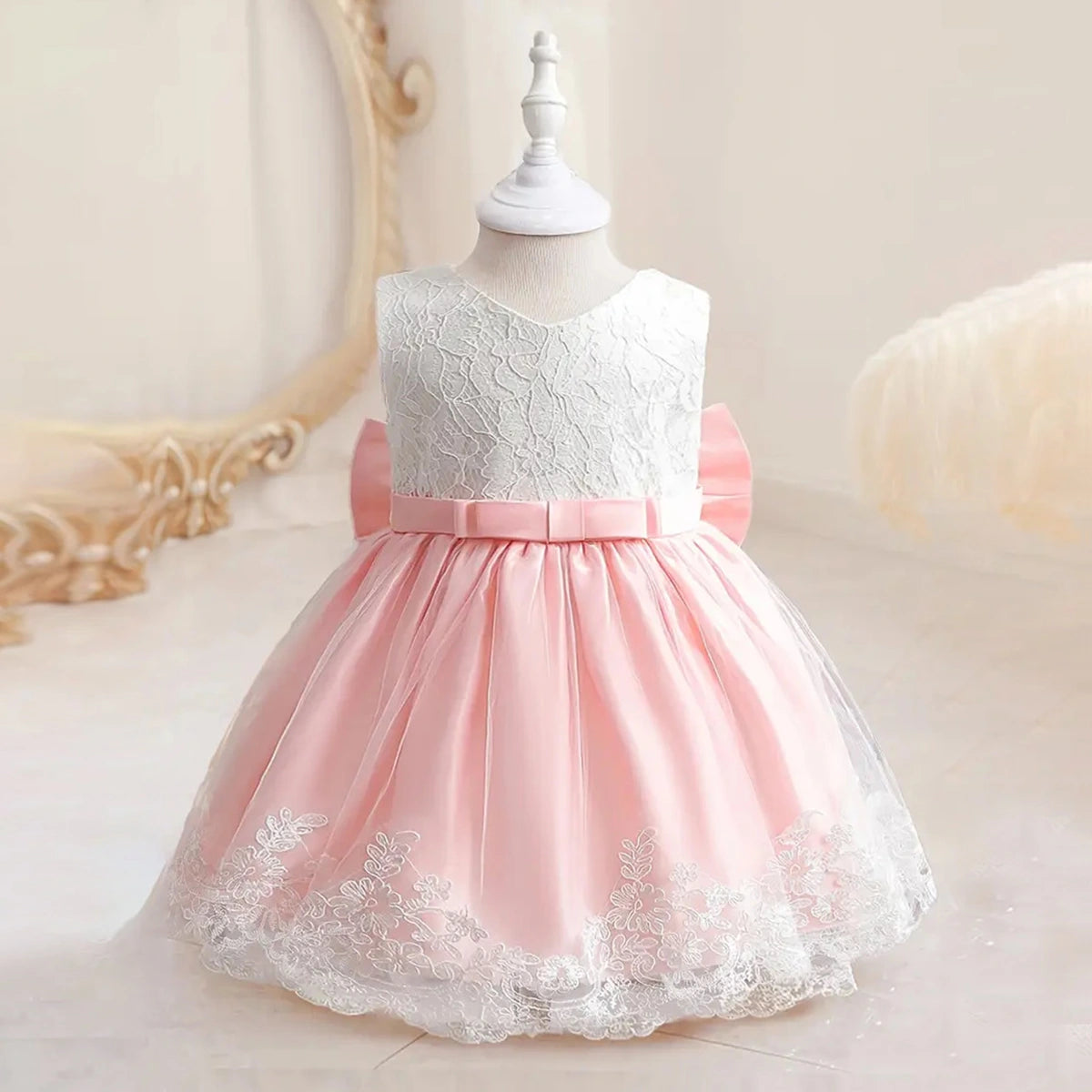 Girls Pink Sleeveless Scalloped Hem Party Wear Dress With Bow Party Dresses Pink 1-2 Y