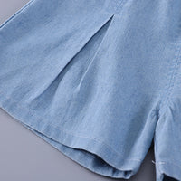 Girls Pink Self Design Top With Pleated Denim Shorts Set Sets