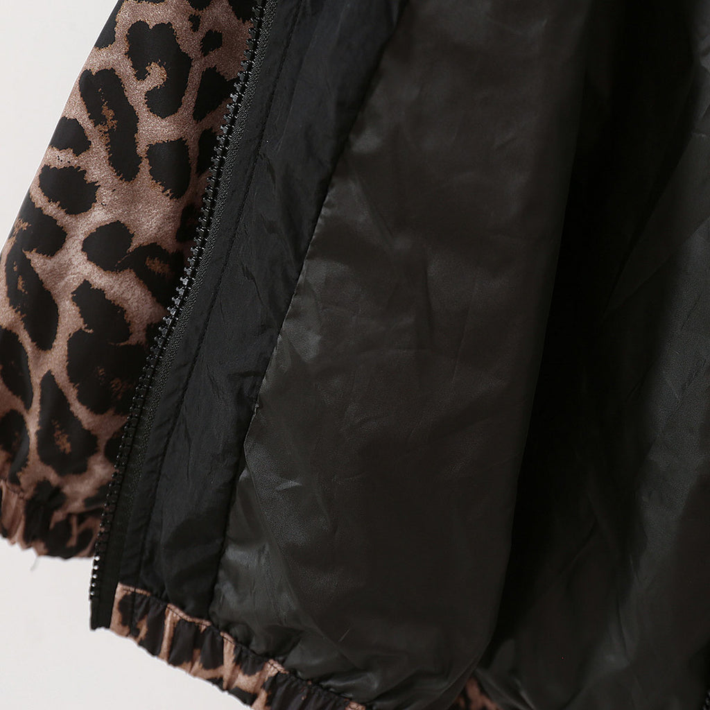 Girls Black Leopard Printed Hooded Zip-Up Jacket Coats & Jackets