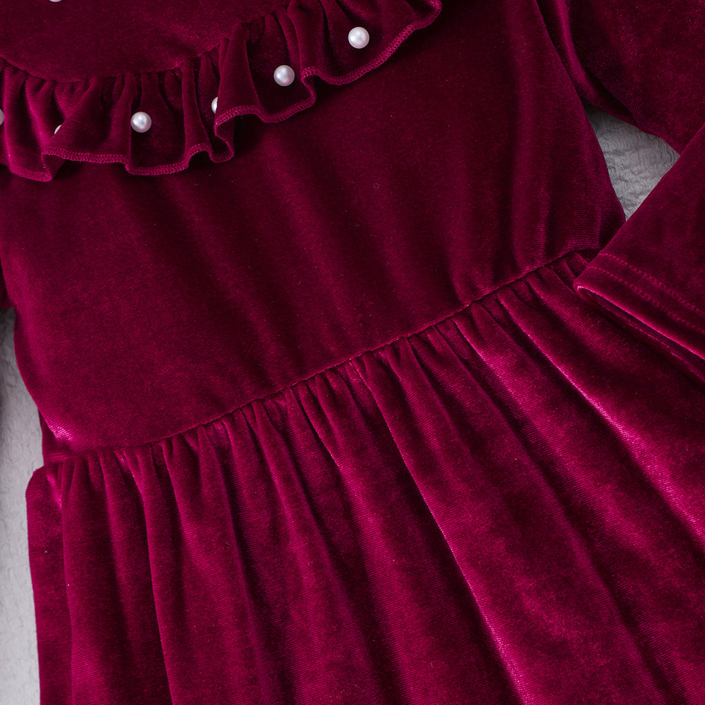 Girls Maroon Solid Velvet Beaded Fit & Flare Dress Casual Dresses