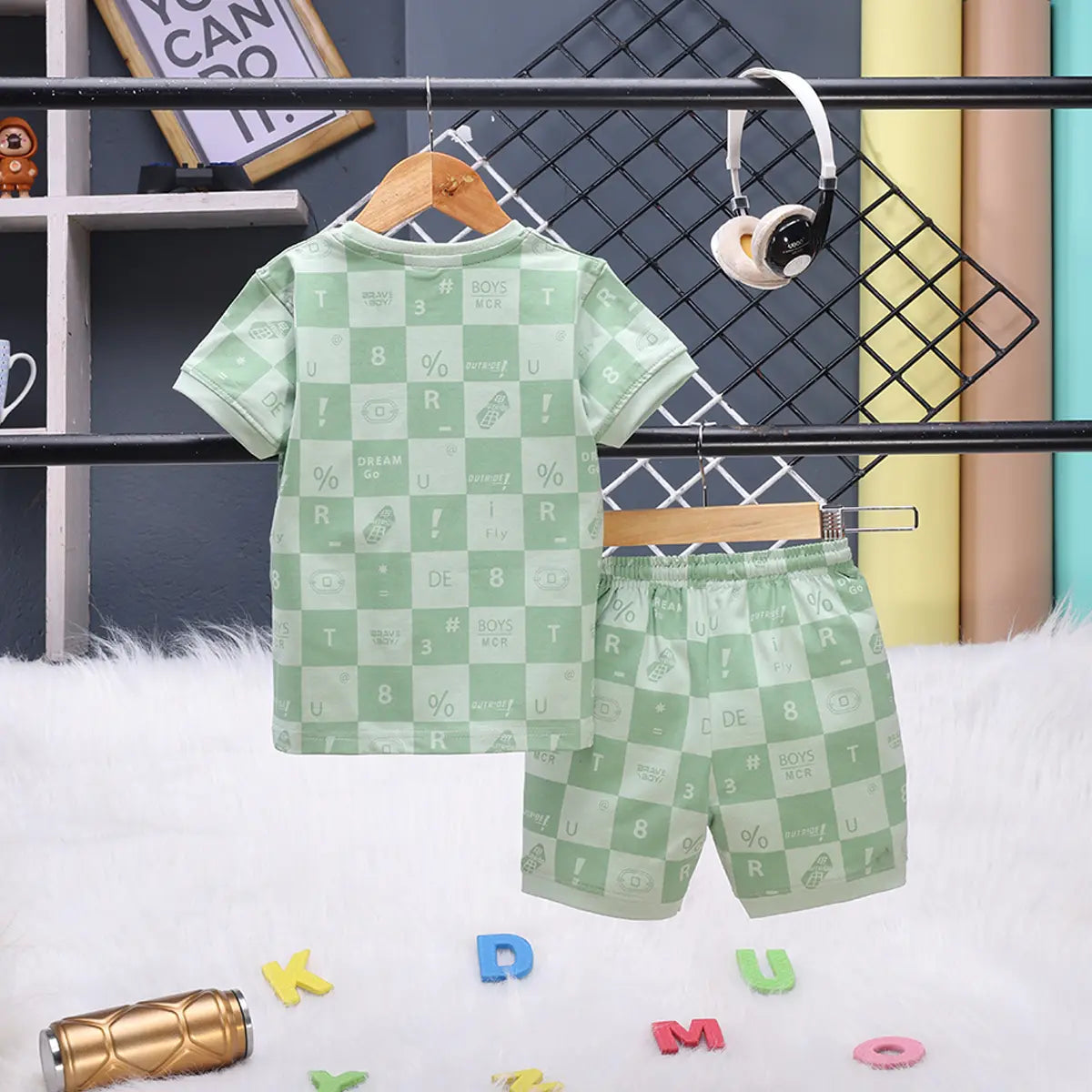Boys Green Check Graphic T-Shirt With Elasticated Shorts Sets Sets