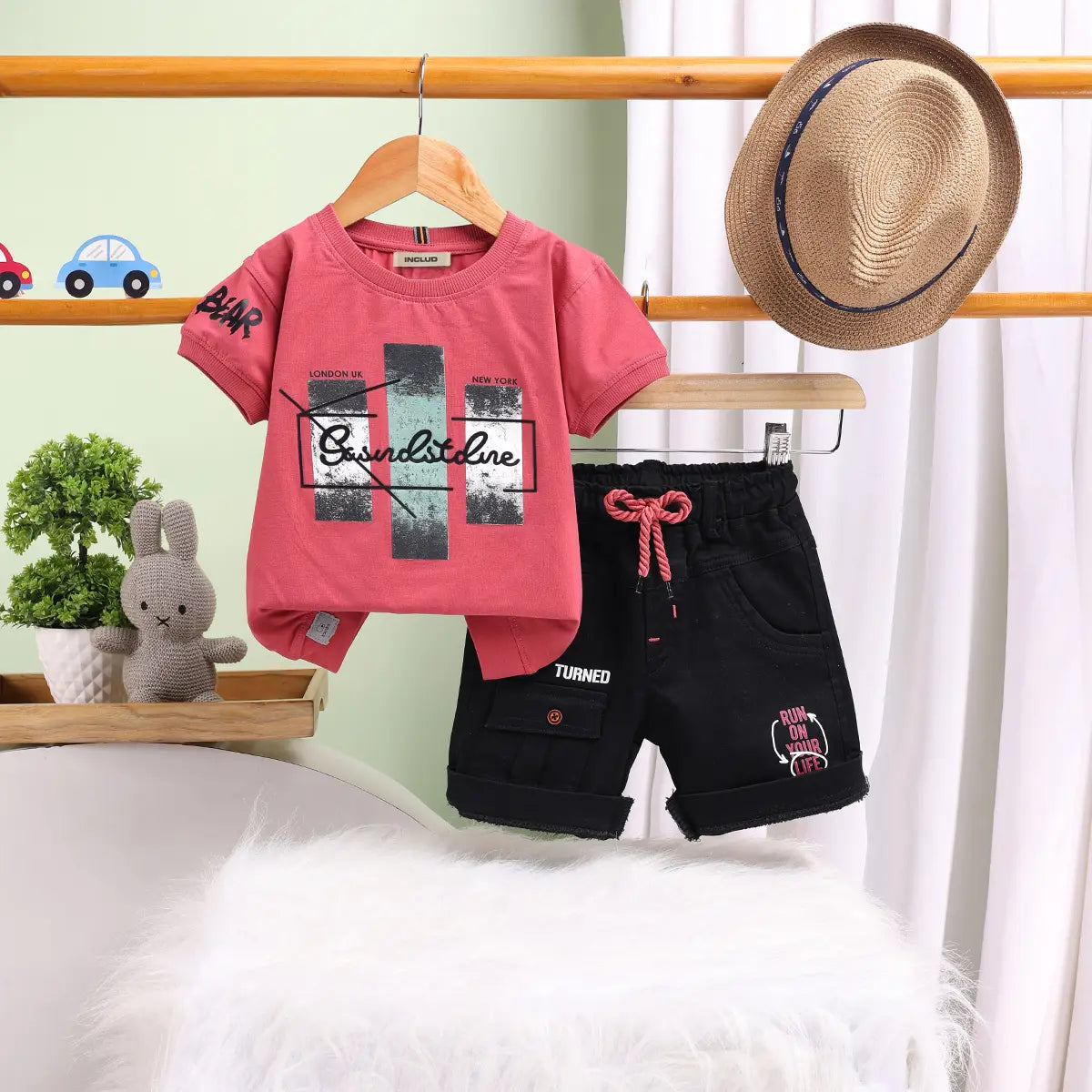 Boys Red Typographic Printed Short Sleeve T-Shirt With Elasticated Shorts Sets 2 pc. Sets Red 1-2 Y