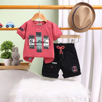 Boys Red Typographic Printed Short Sleeve T-Shirt With Elasticated Shorts Sets 2 pc. Sets Red 1-2 Y
