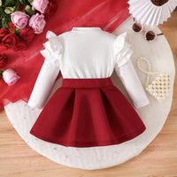 Girls Flower Appliqued Top With Red Pleated Skirt Sets Sets
