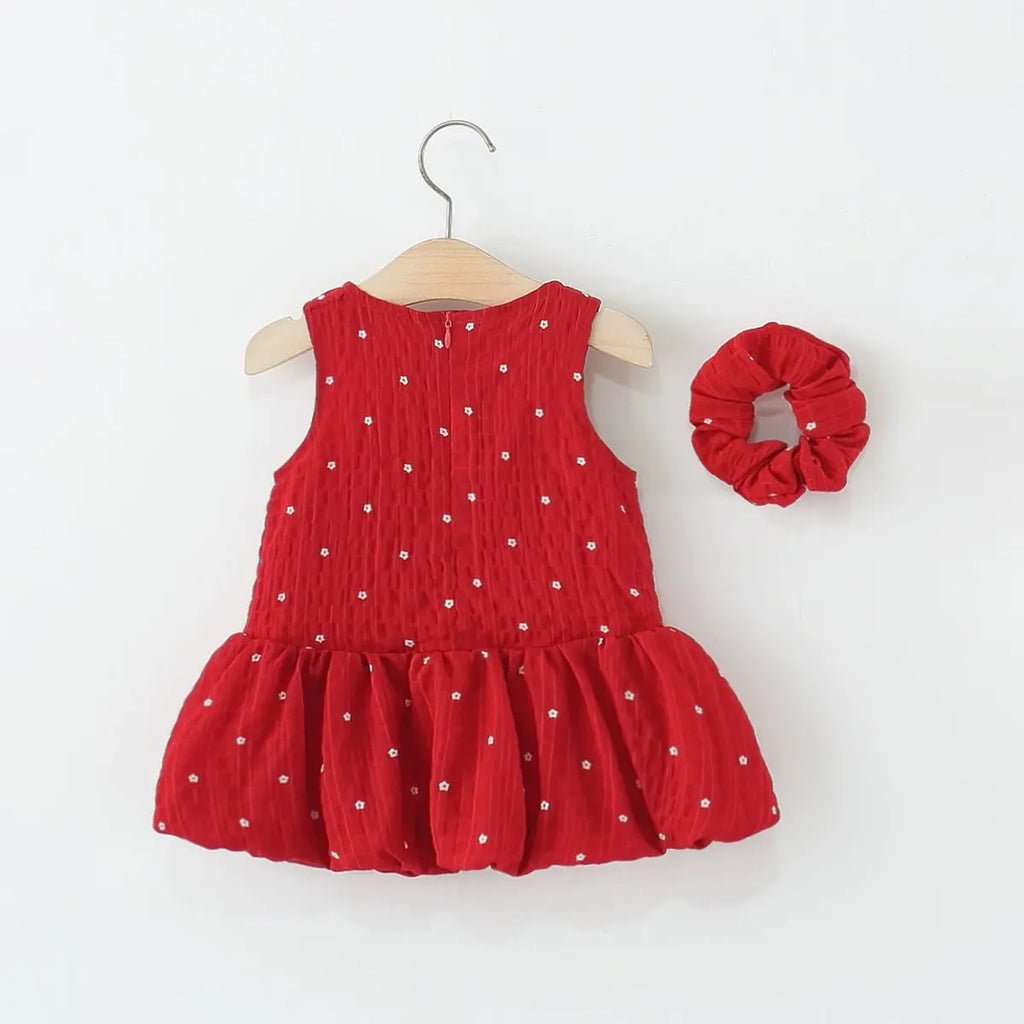 Girls Red Star Print A-line Dress With Matching Hair Tie Casual Dresses
