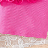 Girls Fuchsia Ruffle One-Shoulder Top With Heart Printed Denim Shorts Sets Sets