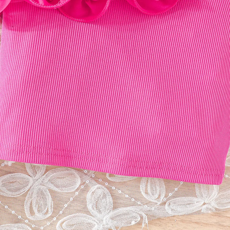 Girls Fuchsia Ruffle One-Shoulder Top With Heart Printed Denim Shorts Sets Sets