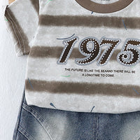 Boys Brown Alphanumeric Print T-Shirt With Denim Shorts Set Sets