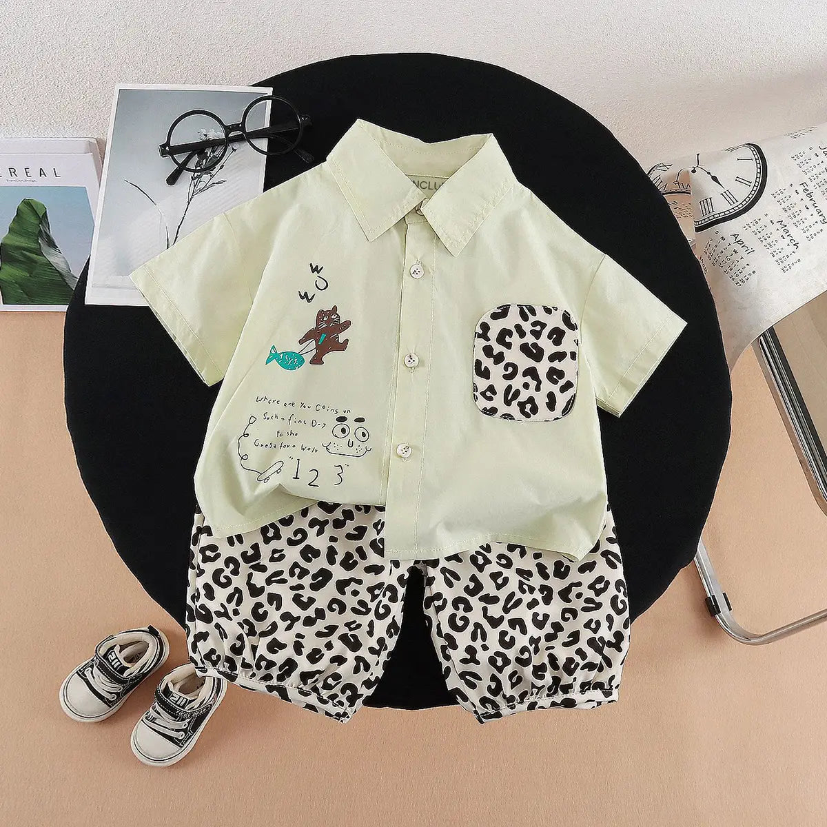 Boys Light Green Animal Printed Shirt with Elasticated Shorts Sets 2 pc. Sets Light Green 1-2 Y
