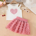 Girls White Heart Print Sleeveless Top With Ruffled Tulle Skirt Sets Sets White 3-4 Y
