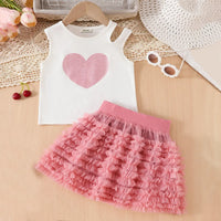 Girls White Heart Print Sleeveless Top With Ruffled Tulle Skirt Sets Sets White 3-4 Y
