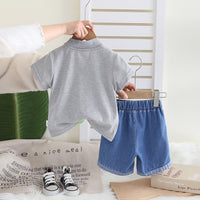 Boys Grey Graphic Short Sleeves Polo T-Shirt With Denim Shorts Set 2 pc. Sets