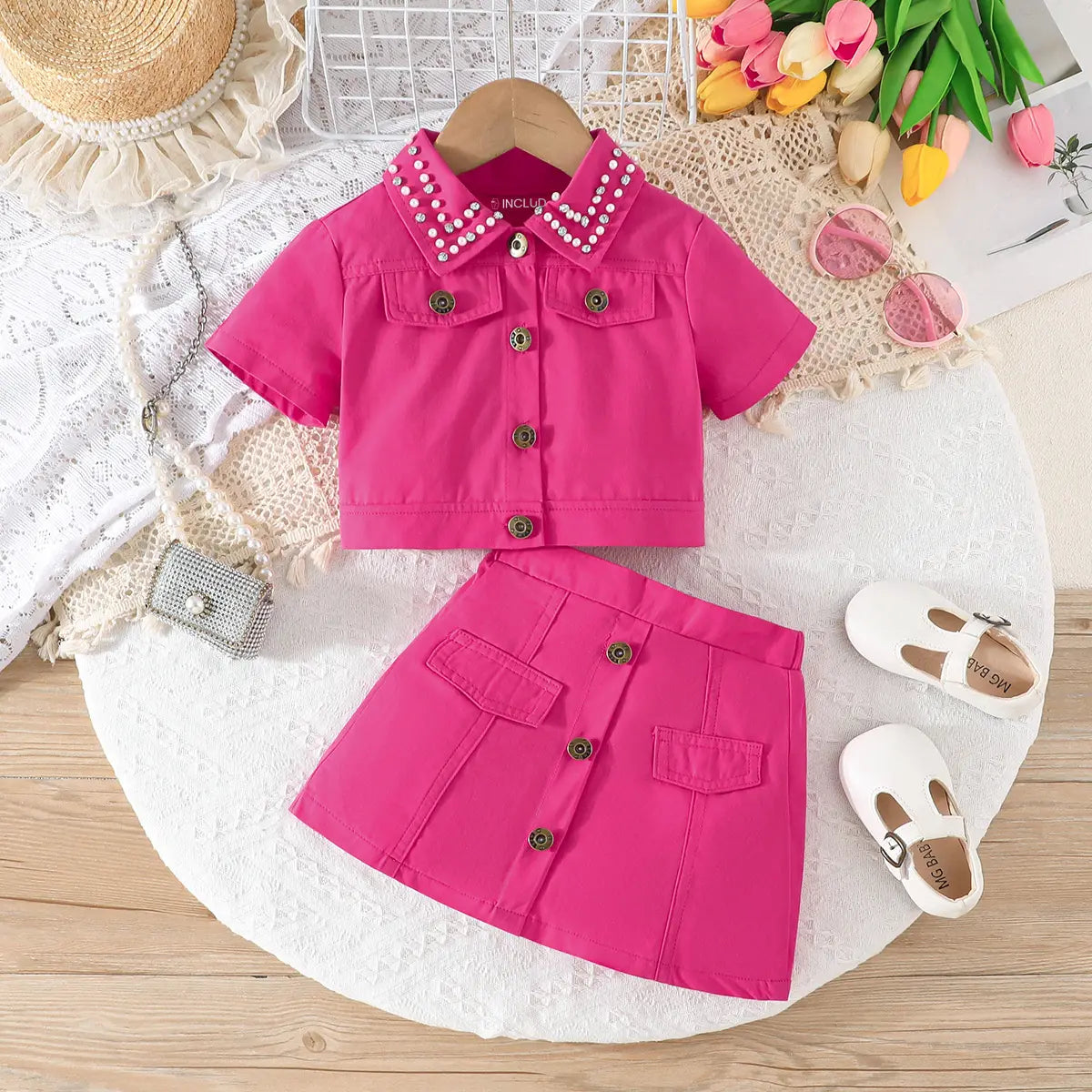 Girls Fuchsia Self-Design Crop Length Top With Skirt Sets 2 pc. Sets Fuchsia 2-3 Y