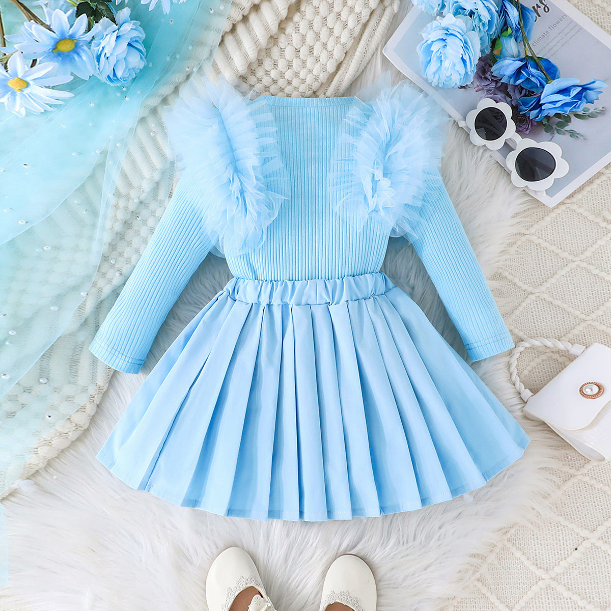 Girls Light Blue Solid Top With Pleated Skirt Winter Set 2 pc. Sets