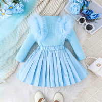 Girls Light Blue Solid Top With Pleated Skirt Winter Set 2 pc. Sets