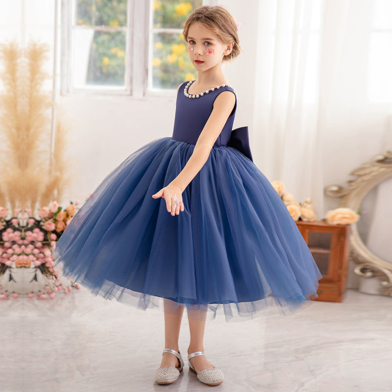 Girls Navy Blue Beaded Neck Party Dress with Statement Back Bow INCLUD Girls Navy Blue Beaded Neck Party Dress with Statement Back Bow INCLUD
