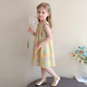 Girls Yellow Floral Print Sleeveless A-Line Dress Casual Dresses