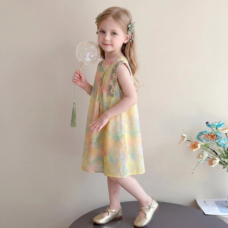 Girls Yellow Floral Print Sleeveless A-Line Dress Casual Dresses