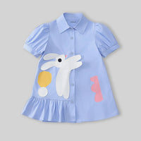 Girls Sky Blue Bunny Applique Puff Sleeve Shirt Dress Casual Dresses