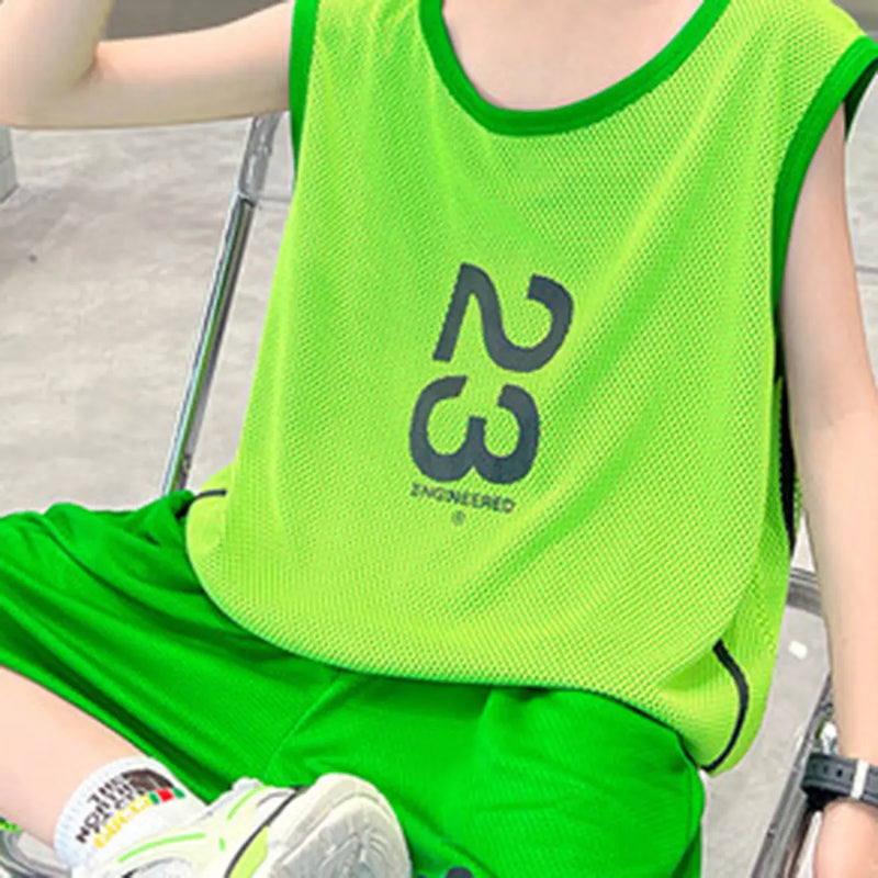 Boys Neon Green Number Print Vest With Shorts Sets Sets