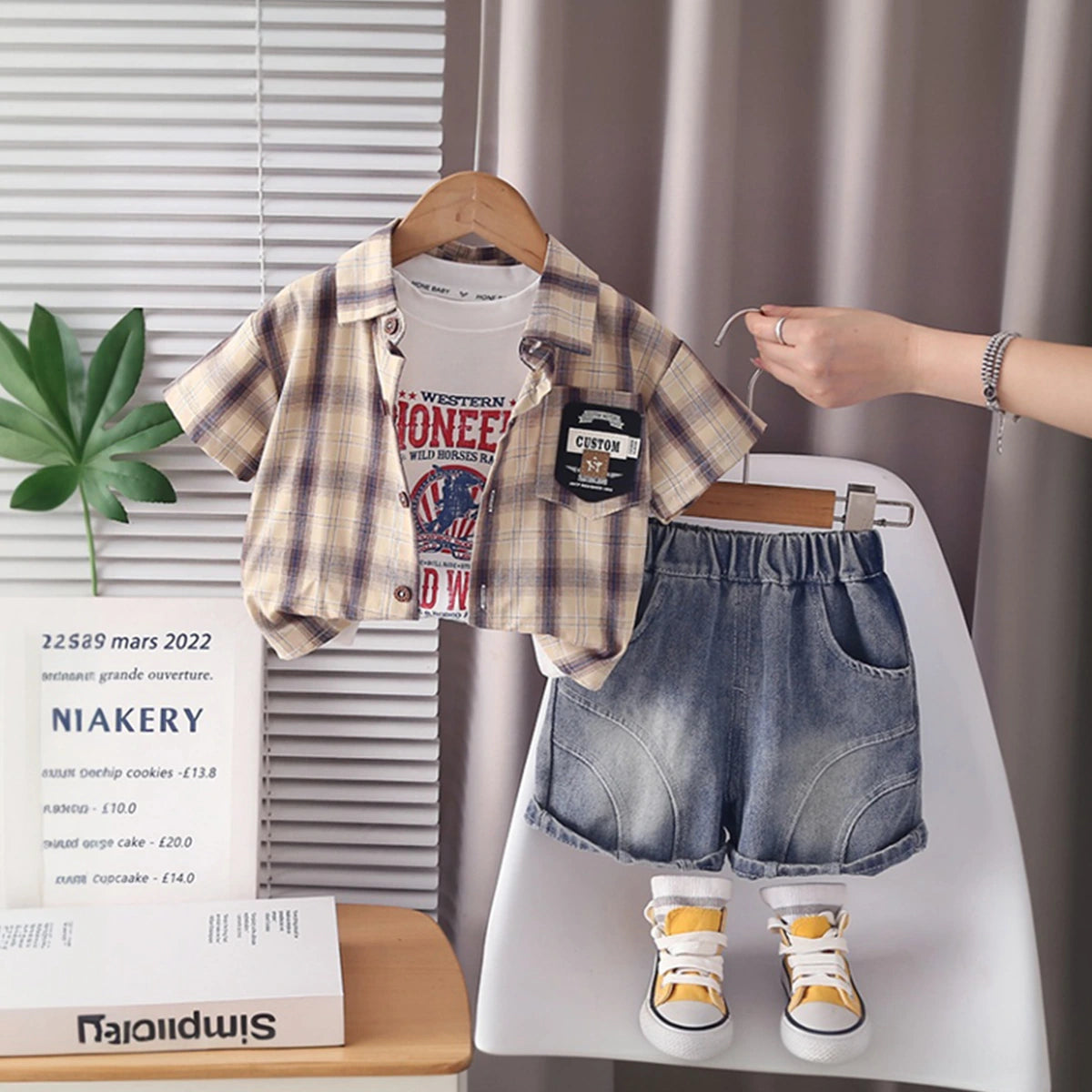 Boys Khaki Checked Shirt With Graphic T-Shirt & Denim Shorts Set Sets Khaki 1-2 Y