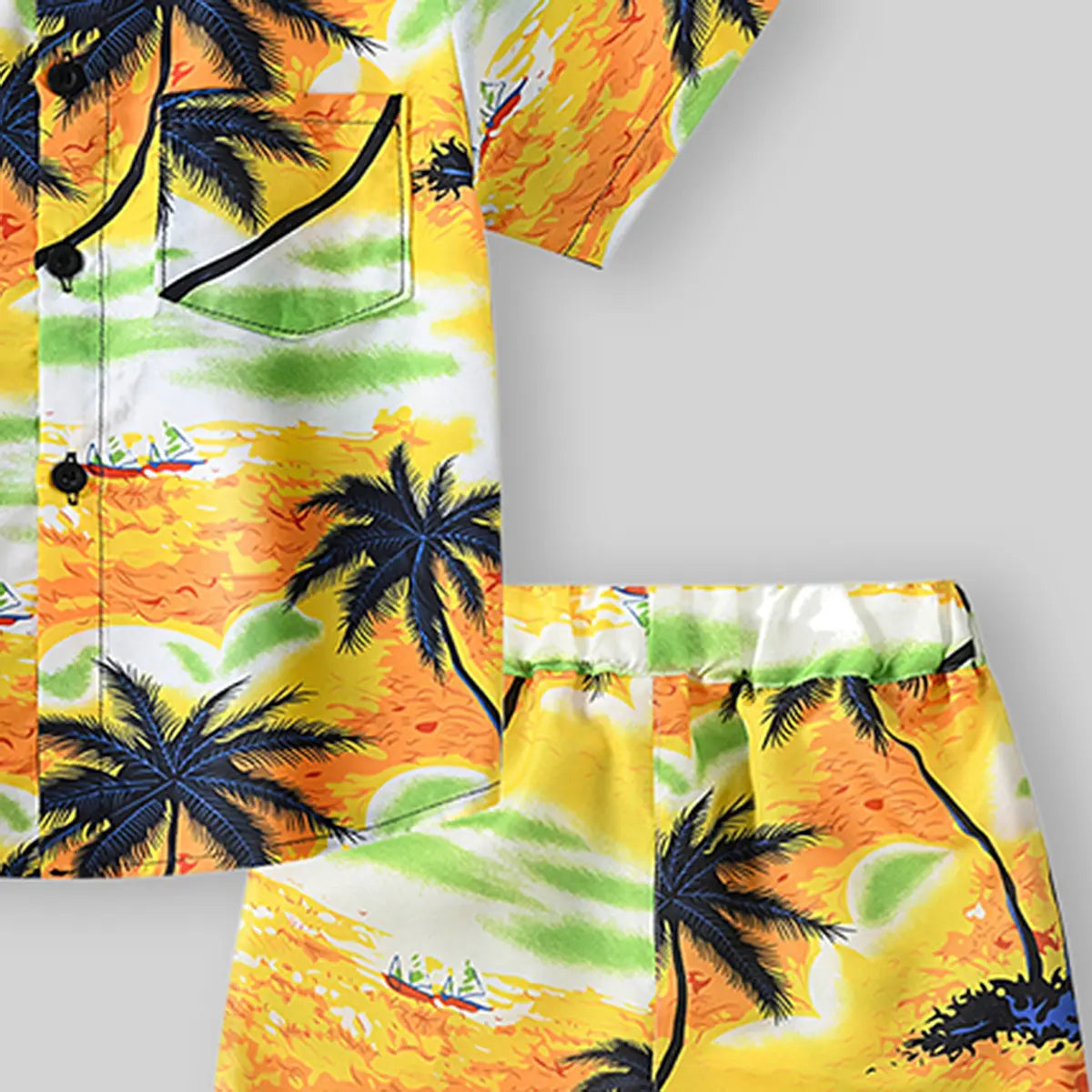 Boys Yellow Tropical Print Button-Down Shirt With Shorts & Hat Co-ord Sets Sets