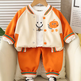 Boys Orange Pumpkin Embroidered Varsity Jacket With T-Shirt & joggers Set Sets Orange 1-2 Y