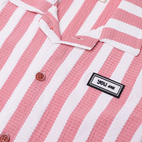 Boys Pink Striped Short Sleeve Shirt With Graphic T-Shirt And Drawstring Shorts Sets Sets