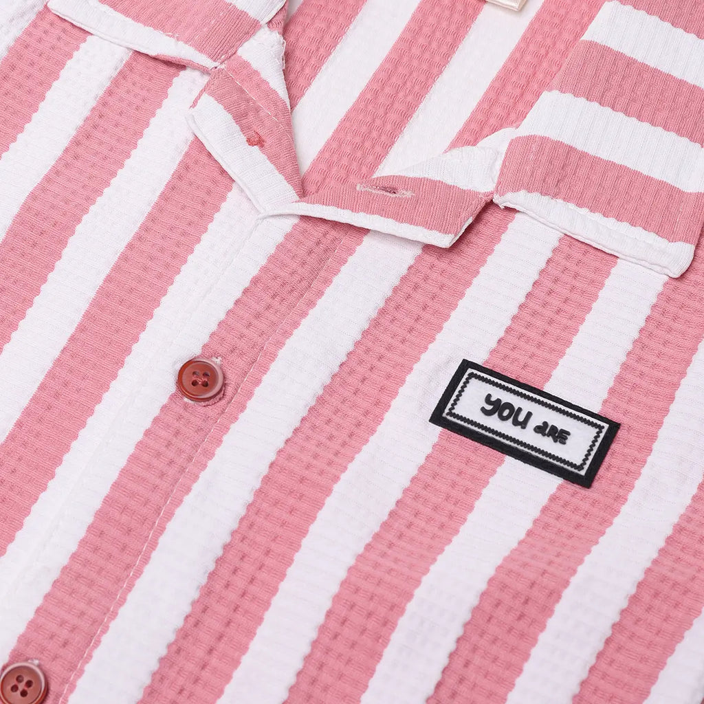 Boys Pink Striped Short Sleeve Shirt With Graphic T-Shirt And Drawstring Shorts Sets Sets