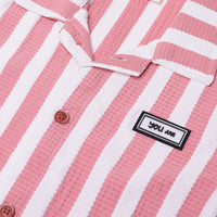 Boys Pink Striped Short Sleeve Shirt With Graphic T-Shirt And Drawstring Shorts Sets Sets