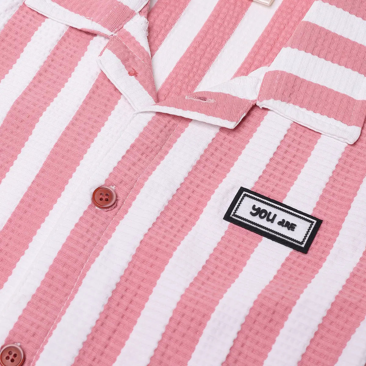 Boys Pink Striped Short Sleeve Shirt With Graphic T-Shirt And Drawstring Shorts Sets Sets