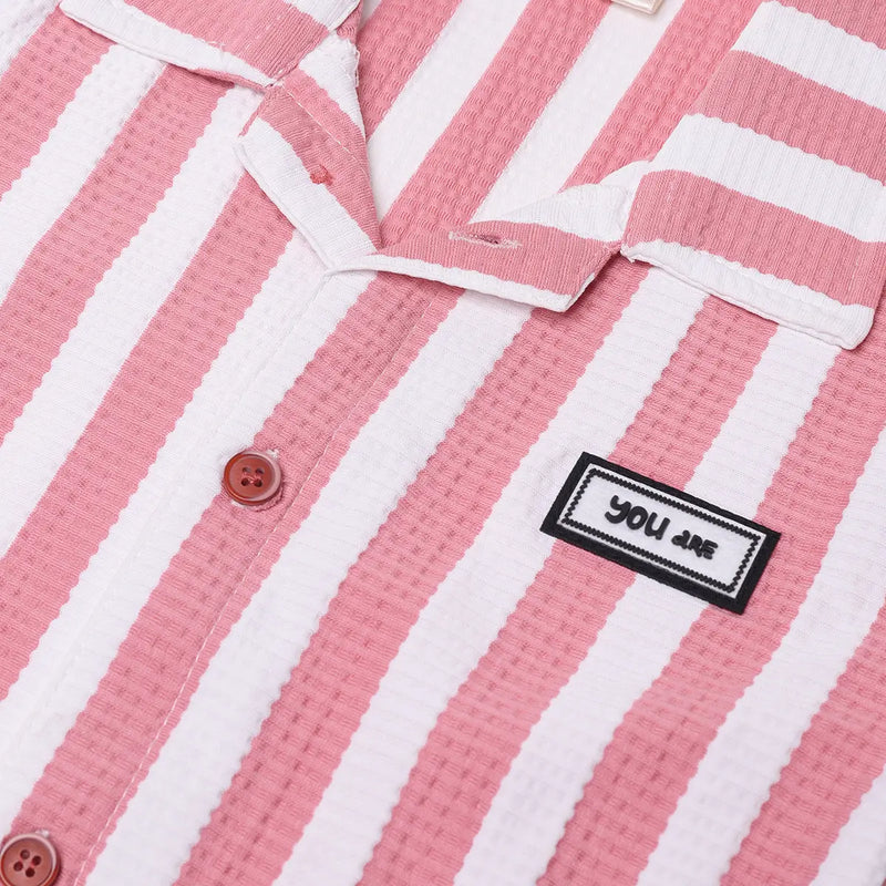 Boys Pink Striped Short Sleeve Shirt With Graphic T-Shirt And Drawstring Shorts Sets Sets