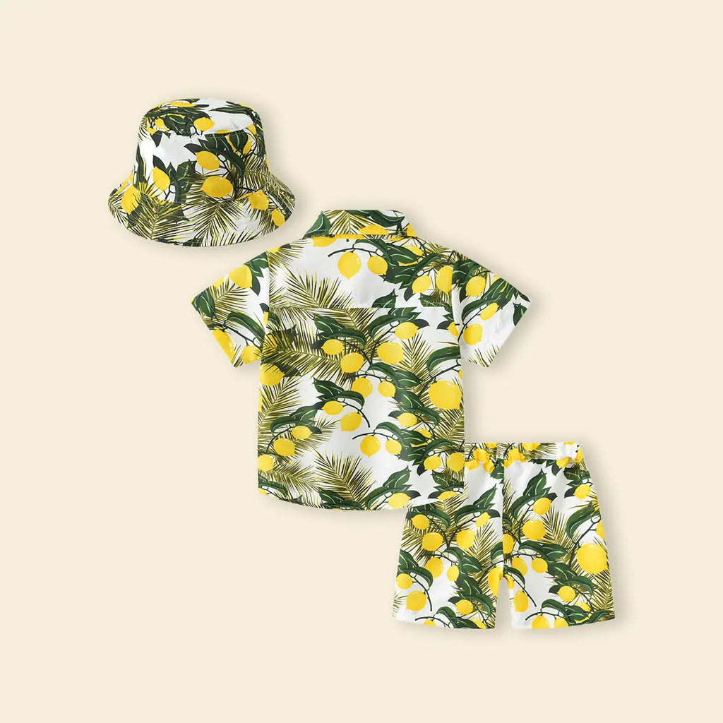 Boys Yellow Lemon Print Button-Down Shirt With Shorts & Hat Co-ord Sets Sets