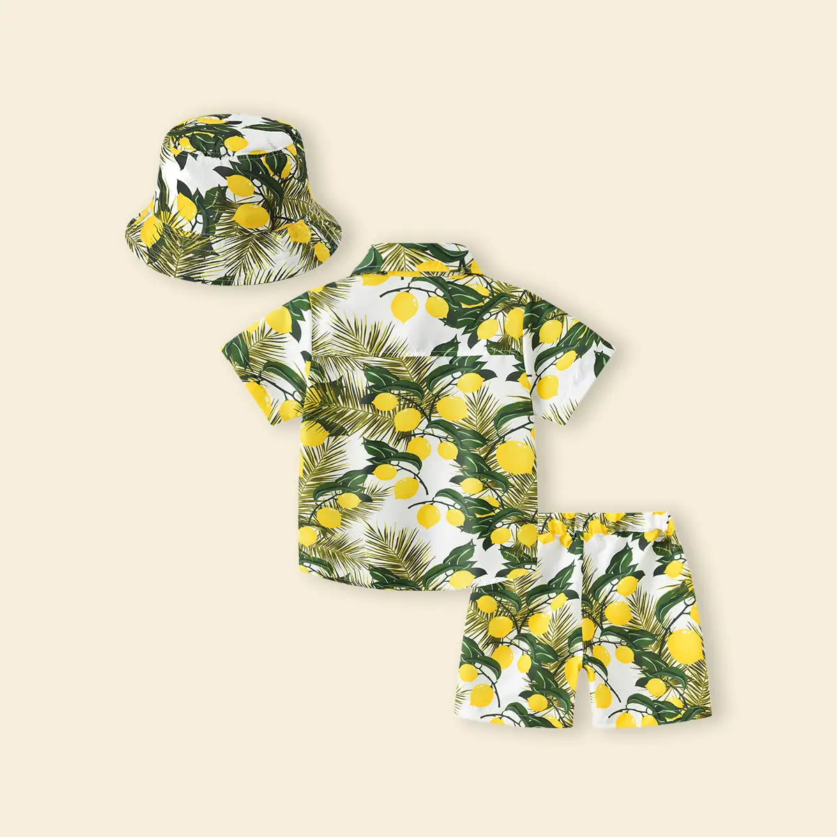 Boys Yellow Lemon Print Button-Down Shirt With Shorts & Hat Co-ord Sets Sets